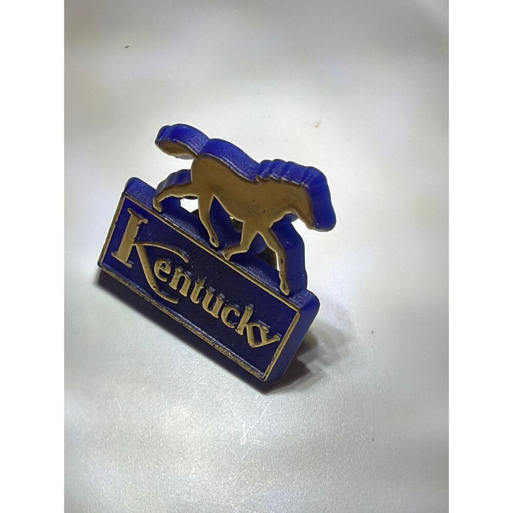 Vintage Kentucky Derby State Souvenir Pin Running Horse Blue Gold Tone Lapel - Picture 2 of 8